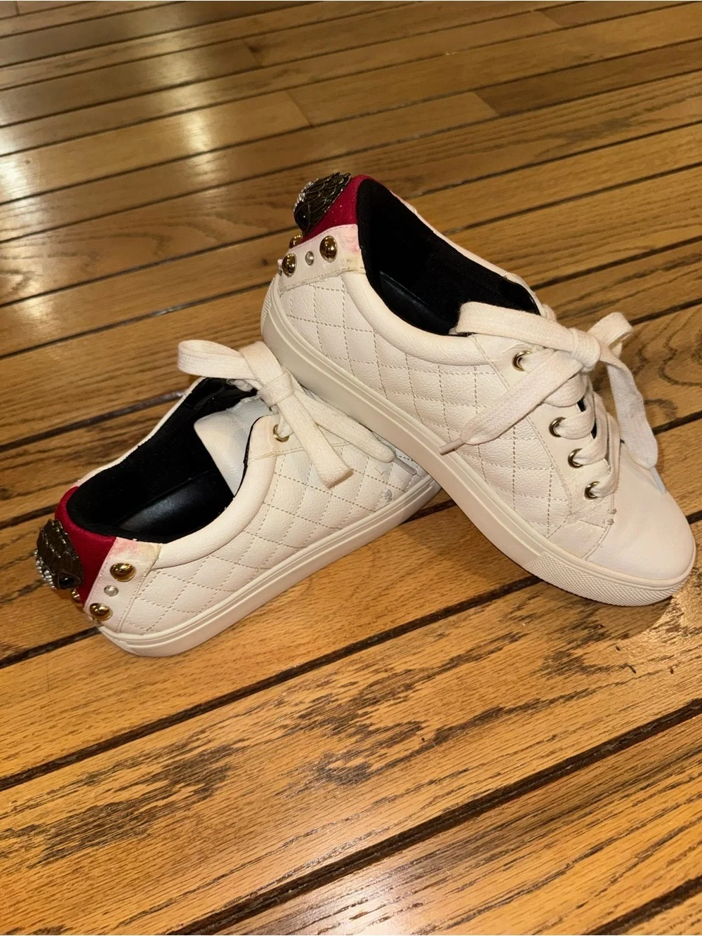Kurt Geiger Quilted White Lace-Up Sneakers with Red Heel Tab